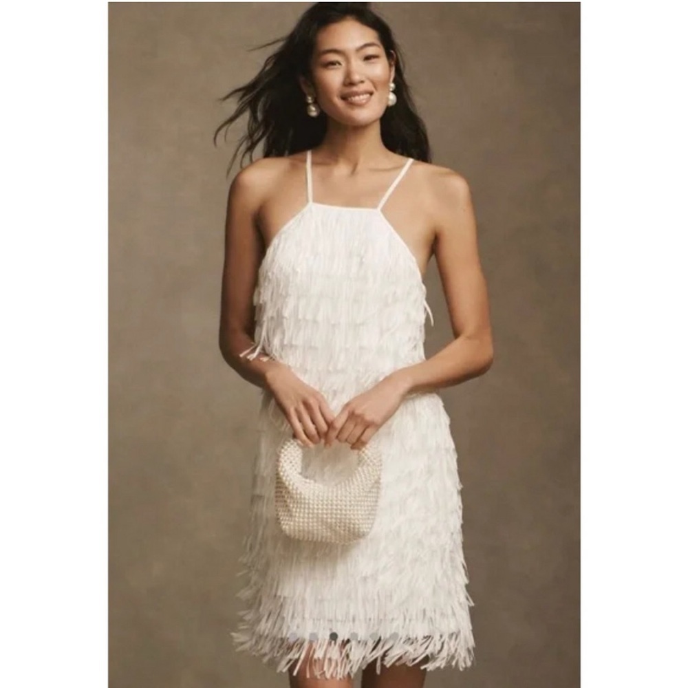 SHO By Tadashi Shoji Elodie Halter Fringe Mini Dress in White sz 12 NWT